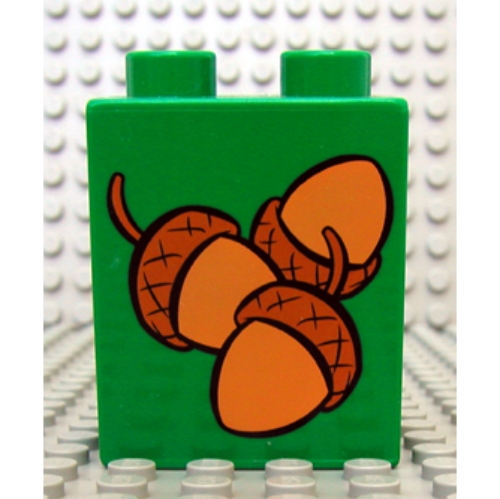 Duplo Brick 1 × 2 × 2 with Acorns Loose Print Green