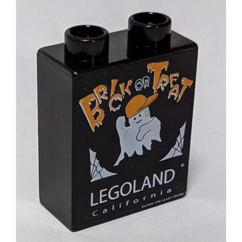 Duplo Brick 1 × 2 × 2 with Halloween 2006 Brick or Treat Print (Legoland Logo) Schwarz