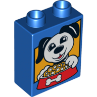 Duplo Brick 1 × 2 × 2 with Dog and Food Bowl Print Blau