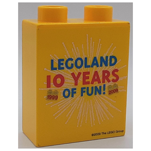 Duplo Brick 1 × 2 × 2 with Legoland 10 YEARS OF FUN! Print Yellow