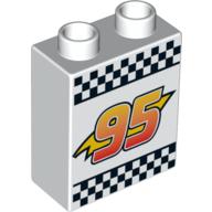 Duplo Brick 1 × 2 × 2 with Lightning Bolt, '95' and Checkered Flag Print Weiß