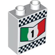 Duplo Brick 1 × 2 × 2 with '1' in Green, White and Red Chevron and Checkered Border Print White
