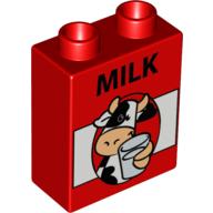 Duplo Brick 1 × 2 × 2 with Cow, Glass and 'MILK' Print Rot