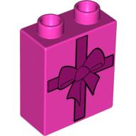 Duplo Brick 1 × 2 × 2 with Gift with Bow Print Dunkelrosa