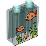 Duplo Brick 1 × 2 × 2 with Aquarium and Fish Print Trans-Light Blue