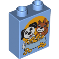 Duplo Brick 1 × 2 × 2 with Dog and Cat with Food Bowl Print Mittelblau