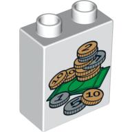 Duplo Brick 1 × 2 × 2 with Coins and Notes Print Weiß