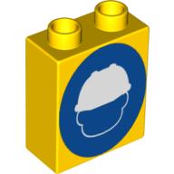 Duplo Brick 1 × 2 × 2 with Construction Worker Head on Blue Circle Print Gelb