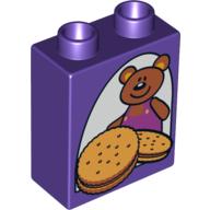 Duplo Brick 1 × 2 × 2 with Teddy Bear & Cookies (Biscuits) Print Dunkellila
