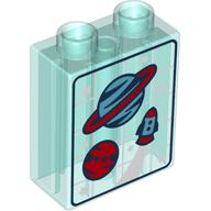 Duplo Brick 1 × 2 × 2 with Planets, Stars & Spaceship on White Grid Print Trans-Light Blue
