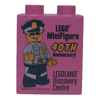 Duplo Brick 1 × 2 × 2 with 'LEGOLAND Discovery Centre LEGO Minifigure 40TH Anniversary!' Police Officer Print Dark Pink
