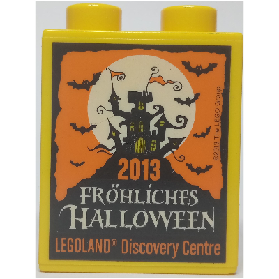 Duplo Brick 1 × 2 × 2 with 'LEGOLAND Discovery Centre 2013 Fröhliches Halloween' Print Yellow