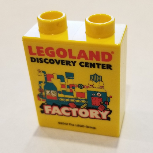 Duplo Brick 1 × 2 × 2 with Legoland Discovery Center Factory Print -2012 V1 Gelb