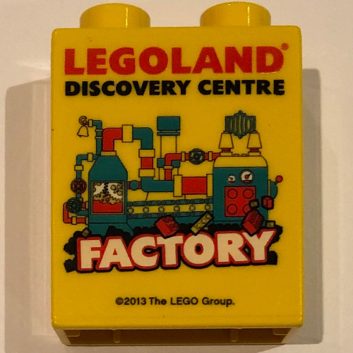 Duplo Brick 1 × 2 × 2 with 'LEGOLAND DISCOVERY CENTRE FACTORY' Print - 2013 Gelb