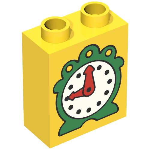 Duplo Brick 1 × 2 × 2 with Clock with Red Hands Print Yellow