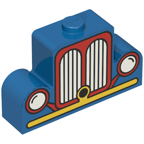Brick Curved 1 × 4 × 2 Centre Stud Top with Yellow and Red Car Grill Print Blue