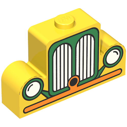 Brick Curved 1 × 4 × 2 Centre Stud Top with Orange and Green Car Grill Print Gelb