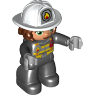 Duplo Figure with Helmet with Long Hair, Black Legs, Black Jacket with Safety Harness, White Helmet with Silver Fire Badge and Radio, Green Eyes (Firefighter) Black