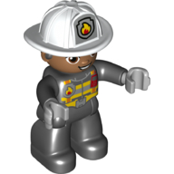 Duplo Figure with Helmet, Black Legs, Black Jacket with Safety Harness, White Helmet with Silver Fire Badge and Radio, Brown Eyes (Firefighter) Schwarz