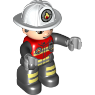 Duplo Figure with Helmet White, Black Legs, Jacket with Bright Light Yellow Safety Stripes, Fire Badge, and Radio Print (Firefighter) Red