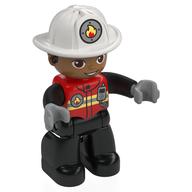 Duplo Figure with Helmet, Black Legs, Jacket with Bright Light Yellow Safety Stripes, Fire Badge, and Radio Print (Firefighter) Red