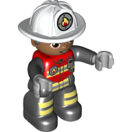 Duplo Figure with Helmet White, Black Legs, Safety Jacket with Reflective Stripes, Green Eyes, Stubble Print (Firefighter) Red
