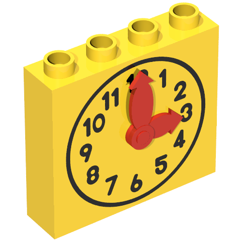 Duplo Brick 1 × 4 × 3 with Movable Red Hands and Yellow Clock Face Print Gelb