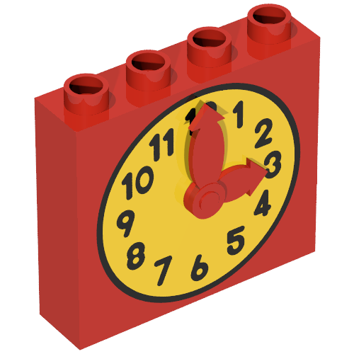 Duplo Brick 1 × 4 × 3 with Movable Red Hands and Yellow Clock Face Print Red