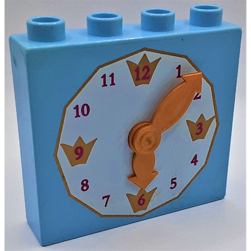 Duplo Brick 1 × 4 × 3 with Movable Gold Hands and White Clock Face Print Bright Light Blue