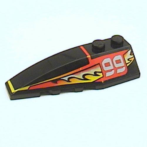 Brick Wedged, Curved 6 × 2 Left with Red, Yellow, and White Flame and '99' Print Schwarz