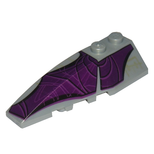 Brick Wedged, Curved 6 × 2 Left with Purple Wing Print Pearl Light Gray