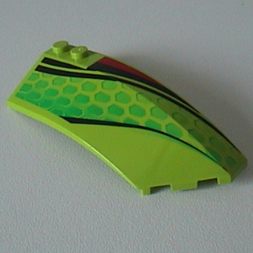 Brick Wedged, Curved 8 × 3 × 2 Open Right with Red and Black Stripes and Green Scales Print Lime