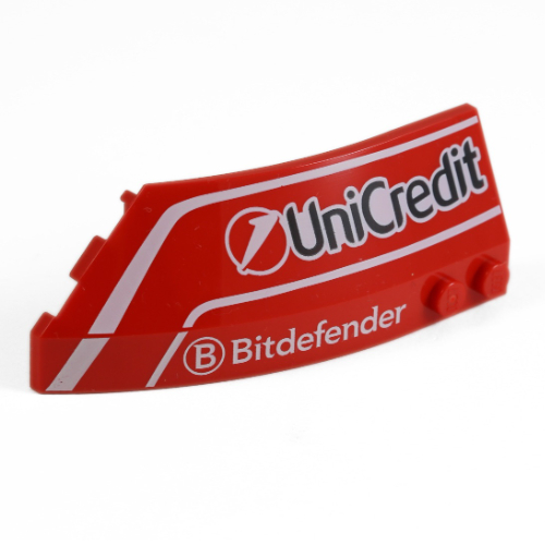 Brick Wedged, Curved 8 × 3 × 2 Open Right with White Lines 'UniCredit', 'Bitdefender' print Red