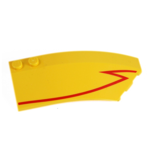 Brick Wedged, Curved 8 × 3 × 2 Open Right with Red Stripe Yellow