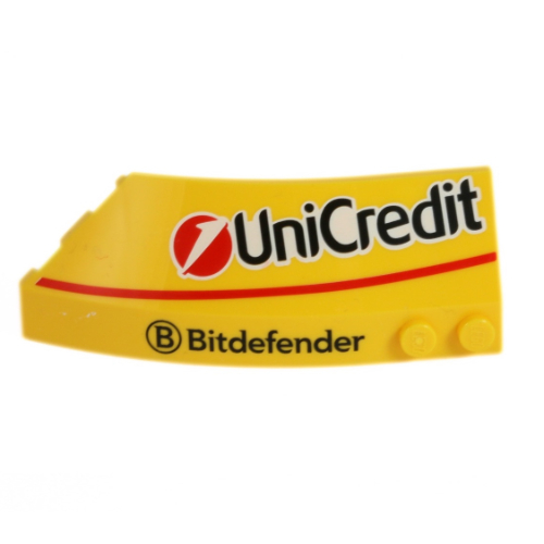 Brick Wedged, Curved 8 × 3 × 2 Open Right with White Lines 'UniCredit', 'Bitdefender' print Gelb
