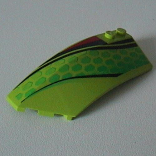 Brick Wedged, Curved 8 × 3 × 2 Open Left with Red and Black Stripes and Green Scales Print Lime