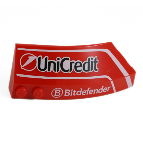 Brick Wedged, Curved 8 × 3 × 2 Open Left with White Lines 'UniCredit', 'Bitdefender' print Red