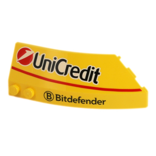 Brick Wedged, Curved 8 × 3 × 2 Open Left with White Lines 'UniCredit', 'Bitdefender' print Yellow