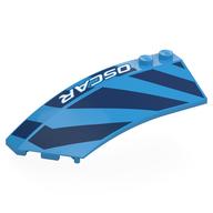 Brick Wedged, Curved 8 × 3 × 2 Open Left with Dark Blue Shapes, White 'OSCAR' print Dunkelazur