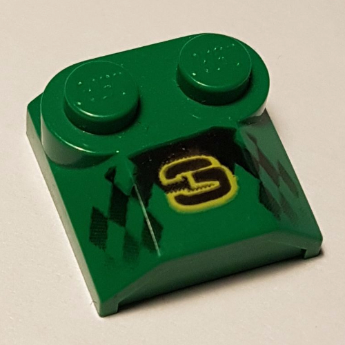 Brick Curved 2 × 2 × 2/3 Two Studs and Lip End with '3' and Checker Print Grün