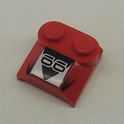 Brick Curved 2 × 2 × 2/3 Two Studs and Lip End with '66', Black Triangle, White Square Print Rot
