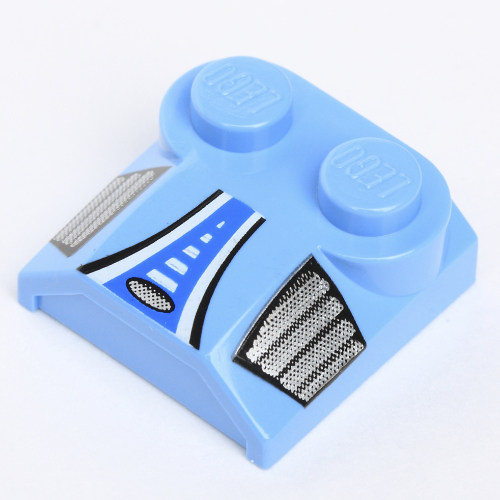 Brick Curved 2 × 2 × 2/3 Two Studs and Lip End with Blue/White Stripe and Silver Side Grills Print Medium Blue