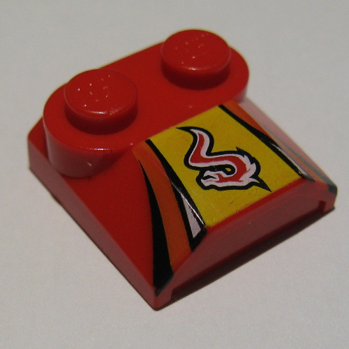 Brick Curved 2 × 2 × 2/3 Two Studs and Lip End with Red/White Flame on Yellow, Black Stripes Print Red