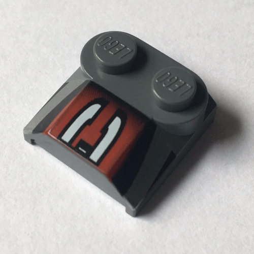 Brick Curved 2 × 2 × 2/3 Two Studs and Lip End with Silver/Black/Red Number 3 Left Half Print Dark Bluish Gray