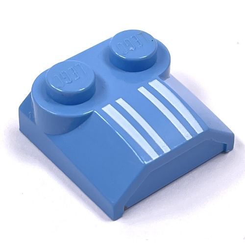 Brick Curved 2 × 2 × 2/3 Two Studs and Lip End with Four White Lines Print Mittelblau