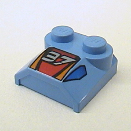Brick Curved 2 × 2 × 2/3 Two Studs and Lip End with '37' and Red, Orange, and Blue Print Mittelblau
