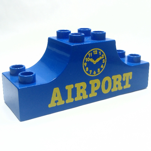Duplo Brick 2 × 6 × 2 Curved Ends with 'AIRPORT' and Clock Print Blau