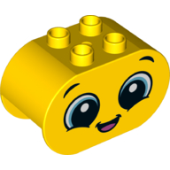 Duplo Brick 2 × 4 × 2 Rounded Ends with Blue Eyes, Open Mouth, Happy Print Gelb