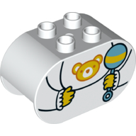 Duplo Brick 2 × 4 × 2 Rounded Ends with Baby, Rattler, Teddy Bear on Bip Weiß