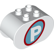 Duplo Brick 2 × 4 × 2 Rounded Ends with 'P' on Azure Circle with Red Border Print White